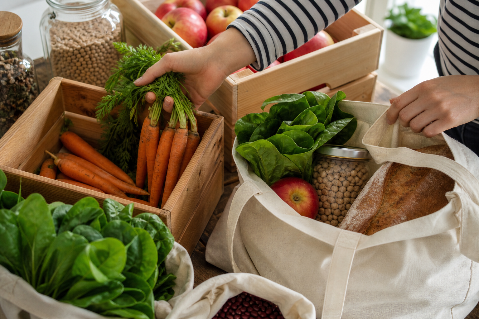 Handen vullen een stoffen tas met groenten, appels, peulvruchten en brood
